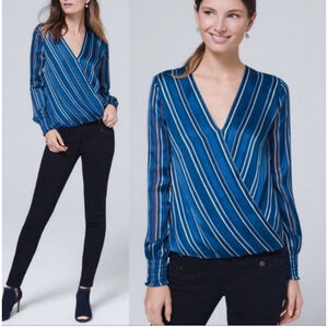 New WHITE HOUSE BLACK MARKET Blue Striped Surplus Shirt Size:M Wrap Blouse